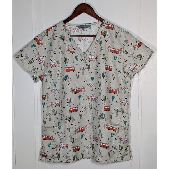 Serene Uniforms Scrub Top Womens Medium Nurse Skeletons Hippee Bus Halloween - Picture 1 of 3